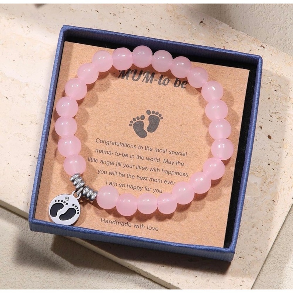 Pink Beaded Mum to Be Bracelet Baby Feet Charm Pregnancy Gift Shower Jewelry - Picture 3 of 7